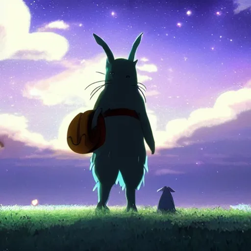 Prompt: magical giant creature walking in the night made by studio ghibli, beautifl scene, smooth, 8 k, high details, high quality