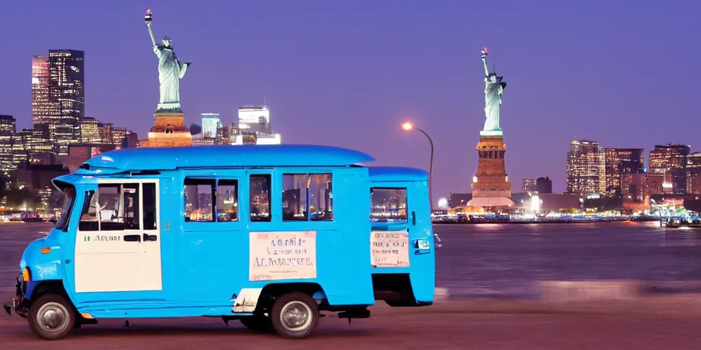 Prompt: a blue tuk tuk with the statue of liberty in the background, night