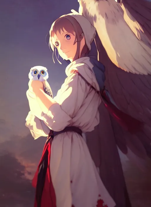 Image similar to florence nightingale with her pet owl in the pocket of her apron gapmoe yandere grimdark, trending on pixiv fanbox, painted by greg rutkowski makoto shinkai takashi takeuchi studio ghibli