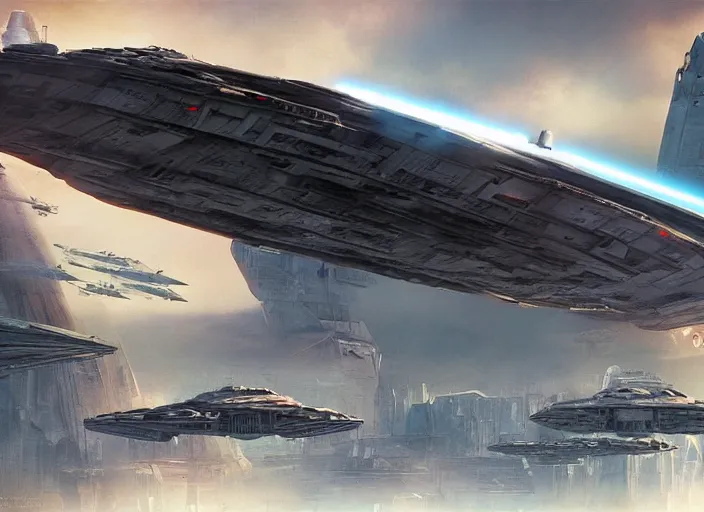 Image similar to a large spaceship seen from the surface of a busy metropolis, star wars digital art