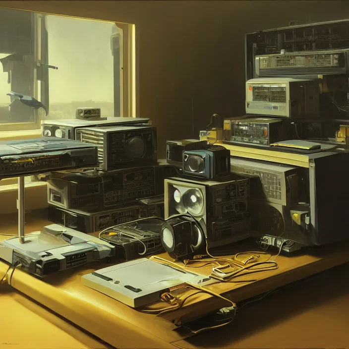 Image similar to still life painting of a retro electronics supercomputer workstation by pieter claesz, oil on canvas, blade runner vibes, syd mead concept art, strong lighting, highly detailed, hyper realism, golden hour, god rays, hd, 4 k