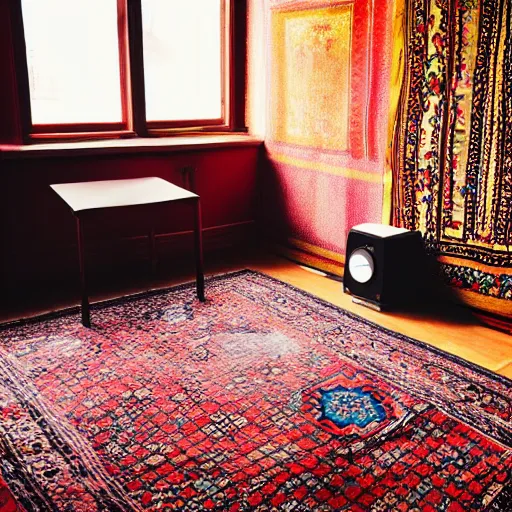 Prompt: a room with a chair, a table, a speaker and a persian carpet, unsplash, postminimalism, aesthetic, cluttered