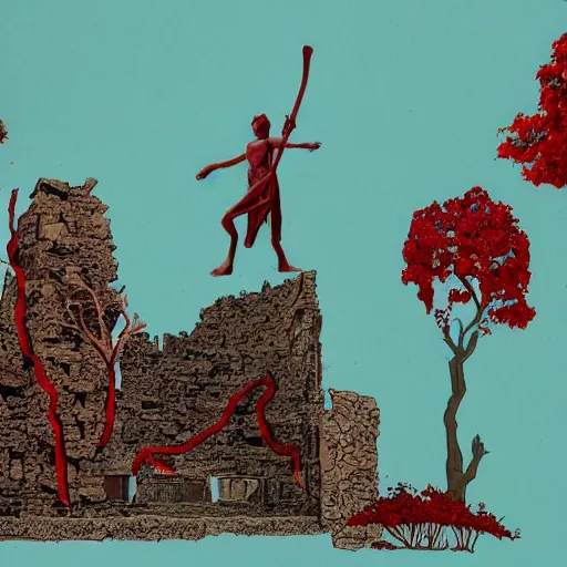 Image similar to the ruins of a village made out of stone, overgrown with red vines, with a broken stone statue of a man holding a sword in the middle of the ruins