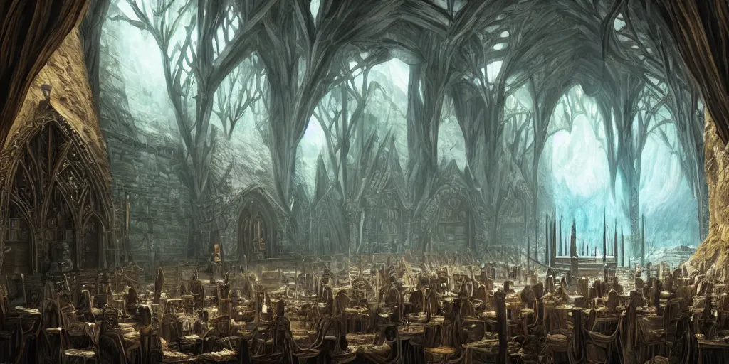 Prompt: The great hall of the mountain king. hyper realistic, dungeons and dragons