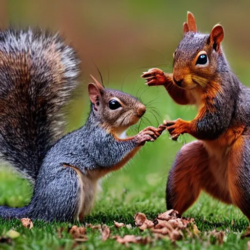 Prompt: army of squirrels fighting against child