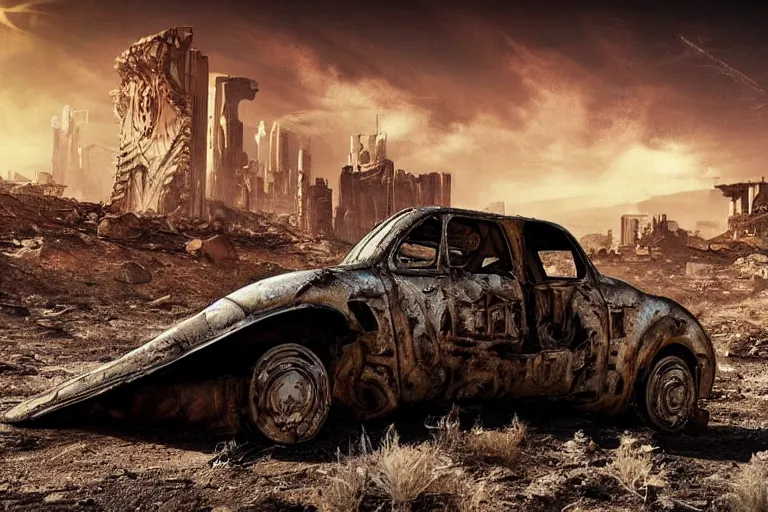 Image similar to intense sun desert landscape futuristic city ruins fallout post apocalyptic, car shell