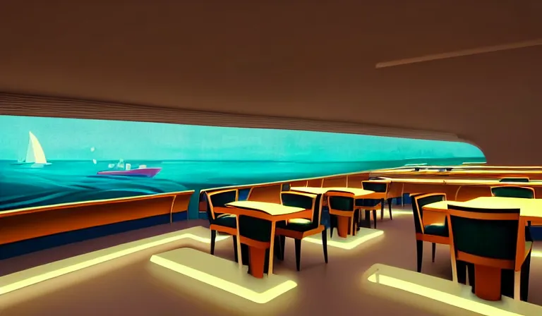 Image similar to a beautiful, sharp focus, clean lines. the interior of an art deco undersea restaurant. vaporwave ombre rendering. outrun style. trending on artstation. recommended for you behance. by chris moore. by edward hopper. ambient occlusion. digital matte painting. metropolis filmic. gotham city.