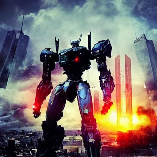 Prompt: pacific rim style mecha standing over a destroyed city.