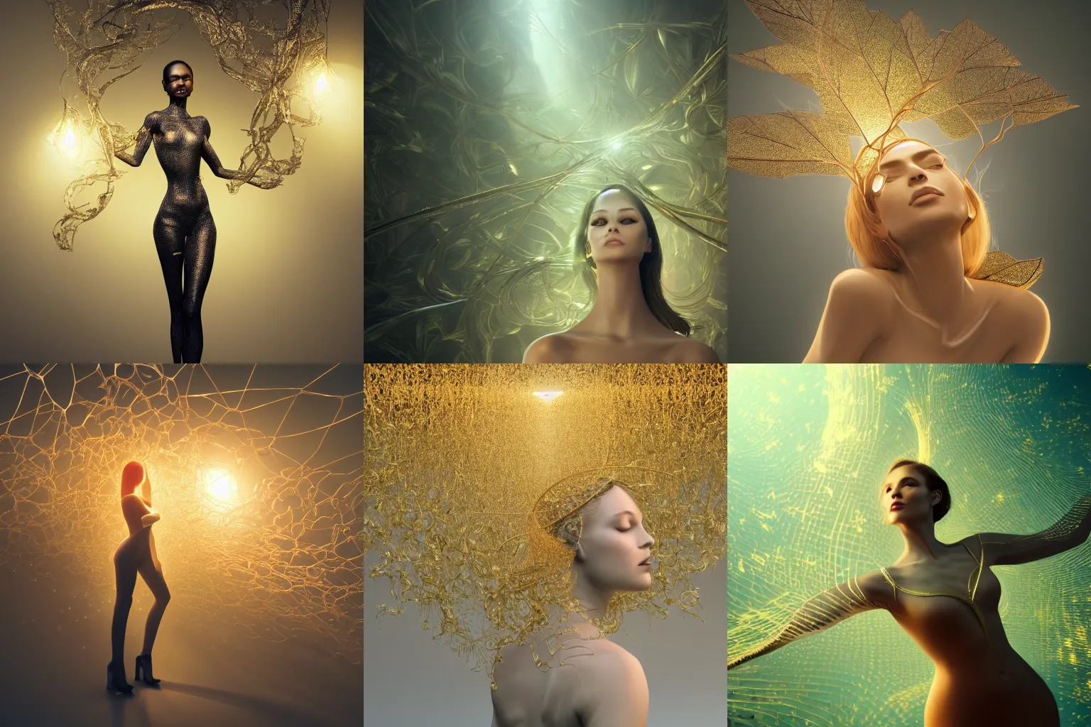 Prompt: a highly detailed digital image of a crowd of elegantly posed futuristic woman beautifully suspended and intertwined from golden liquid like leaves, full body shot, by Andrew Chiampo, artstation, and Frederik Heyman, extremely detailed woman, stunning volumetric lighting, hyper realism, fantasy 4k