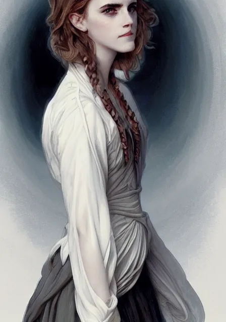 Prompt: emma watson hermione witch magic gothic, intricate, elegant, highly detailed, digital painting, artstation, concept art, smooth, sharp focus, illustration, art by artgerm and greg rutkowski and alphonse mucha and william - adolphe bouguereau