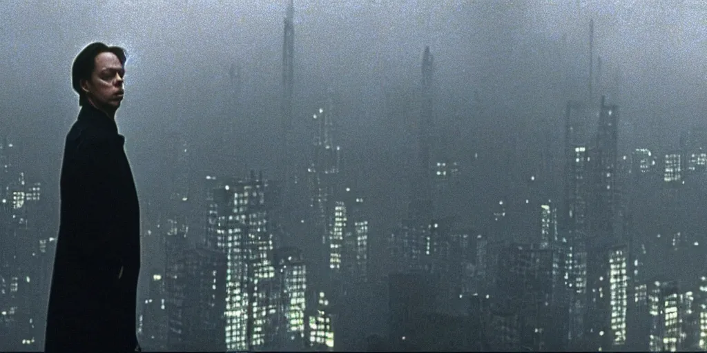 Image similar to beautiful cinematic film still of steve buscemi smoking a cigarette on a building top overlooking the rainy city in blade runner, 4 k