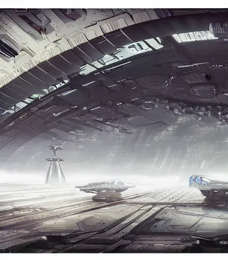 Image similar to highly detailed cyberpunk Spaceship hangar concept art, artstation