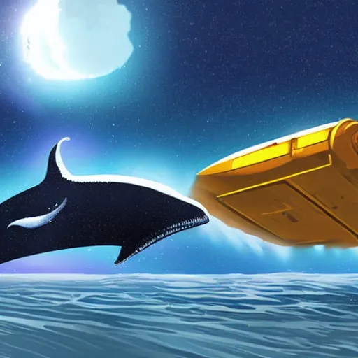 Image similar to a spaceship flies away abandoning a whale explorer on an alien world, sci-fi digital art illustration,