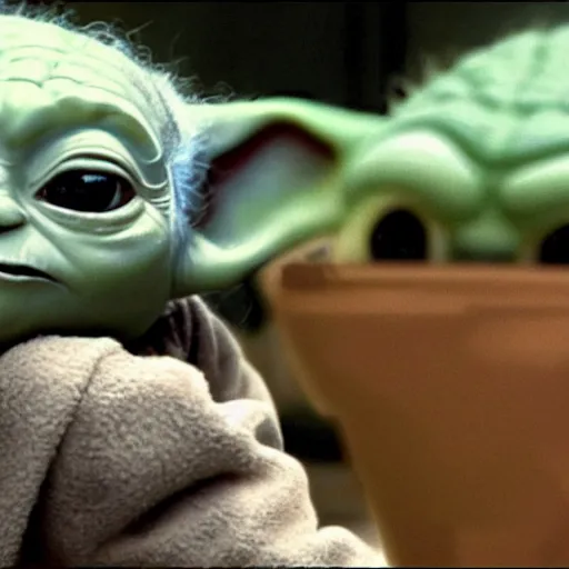 Prompt: a film still of baby yoda's son being trained by rey skywalker in star wars realistic, detailed