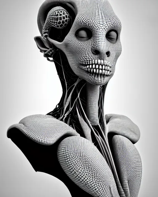 Prompt: a black and white 3D render of a young beautiful female queen-dragon-cyborg bust with a very long neck and a Mandelbrot fractal face, anatomical, flesh, facial muscles, veins, arteries, full frame, microscopic, elegant, highly detailed, flesh ornate, cable wires, elegant, high fashion, rim light, octane render, in the style of H.R. Giger and Man Ray, Realistic, Refined, Digital Art, Highly Detailed, Cinematic Lighting, rim light, black and white, photo-realistic, 8K