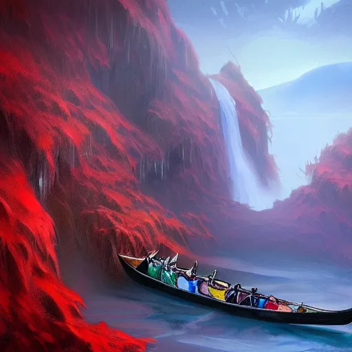 Image similar to a waterfall of blood falls from the top of the mountain, the demons sail along it in canoes, vivid color, highly detailed, mistic atmosphera, digital painting, artstation, concept art, matte, sharp focus, manga style,