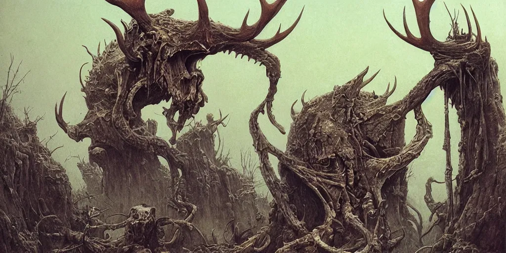 Image similar to tiny scorpions crawling through the cavities of a large moose skull, Zdzislaw Beksinski, Wayne Barlowe, gothic, cosmic horror, dystopian, biomorphic, lovecraftian grotesque, amazing details, cold hue's