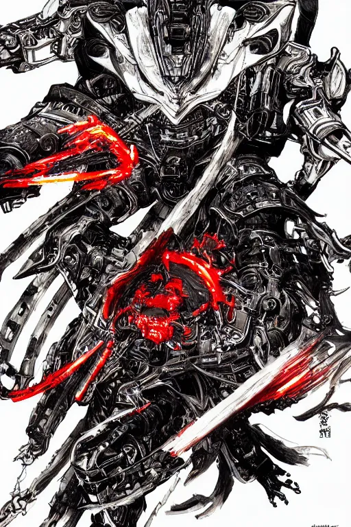 Prompt: a drawing of a flaming cybernatic samurai, red armor by yoji shinkawa and tsutomu nihei, detailed art, highly detailed, trending on artstation