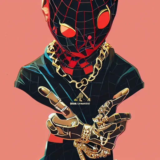 Image similar to a painting of miles morales, dripped out, diamonds, diamond chain, gold rings, gold watch, stylish, gold grill by sachin teng