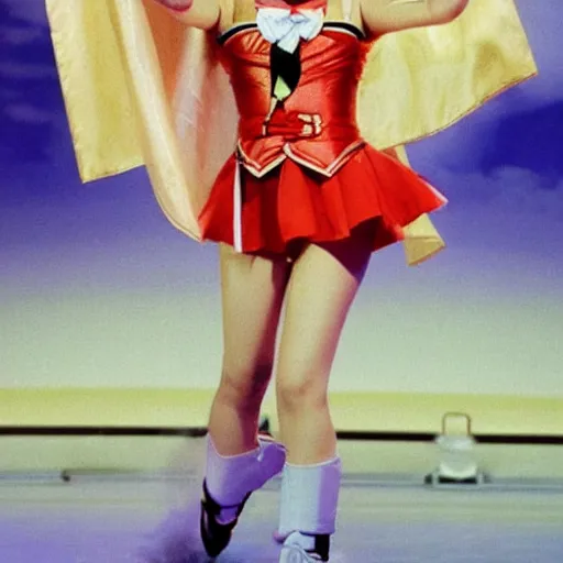 Image similar to publicity photo of 1 9 8 0 s beautiful japanese pop - idol chisato moritaka cosplaying as sailor moon, doing a heroic battle pose in the style of sailor moon, onstage at her concert in front of backup dancers.