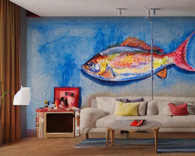 Image similar to an innocent and beautiful scene in hyper realistic style, watercolor and pen oily drawing on wood, of a smadar lomnitz painting a huge colorful fish on the wall, lighting from the barred window. shadows. 4 k. wide angle. wild mood. red mouth, blue eyes. deep focus, lovely scene. ambient occlusion render. unreal engine.