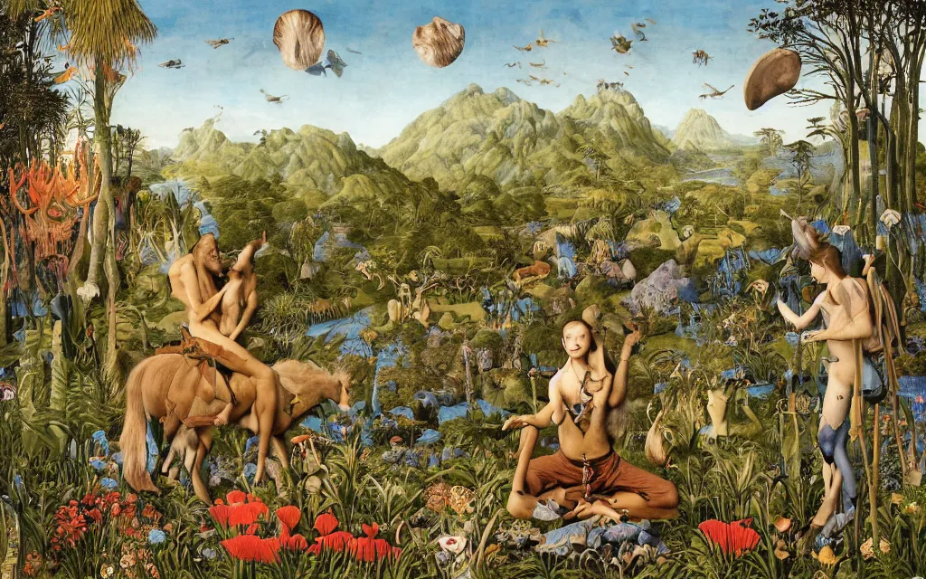 Image similar to a portrait photograph of a meditating werelwolf and a centaur king hunting tropical animals at a wide river delta. surrounded by bulbous flowers, animals, trees and mushrooms. mountain range under a vast blue sky of burning stars. painted by jan van eyck, max ernst, ernst haeckel and artgerm, cgsociety, artstation, fashion editorial