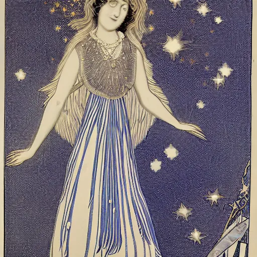 Image similar to The computer art features a woman with wings made of stars, surrounded by a blue and white night sky. The woman is holding a staff in one hand, and a star in the other. She is wearing a billowing white dress, and her hair is blowing in the wind. burnt orange, Aztec by Aubrey Beardsley, by Horace Vernet