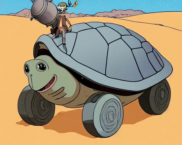 Image similar to a study of cell shaded cartoon of a grey mechanized turtle from howl's moving castle ( 2 0 0 4 ) on a desert road, full body, wide shot, muted colors, post grunge, studio ghibli, laurie greasley, highly detailed, deviantart, art by artgem