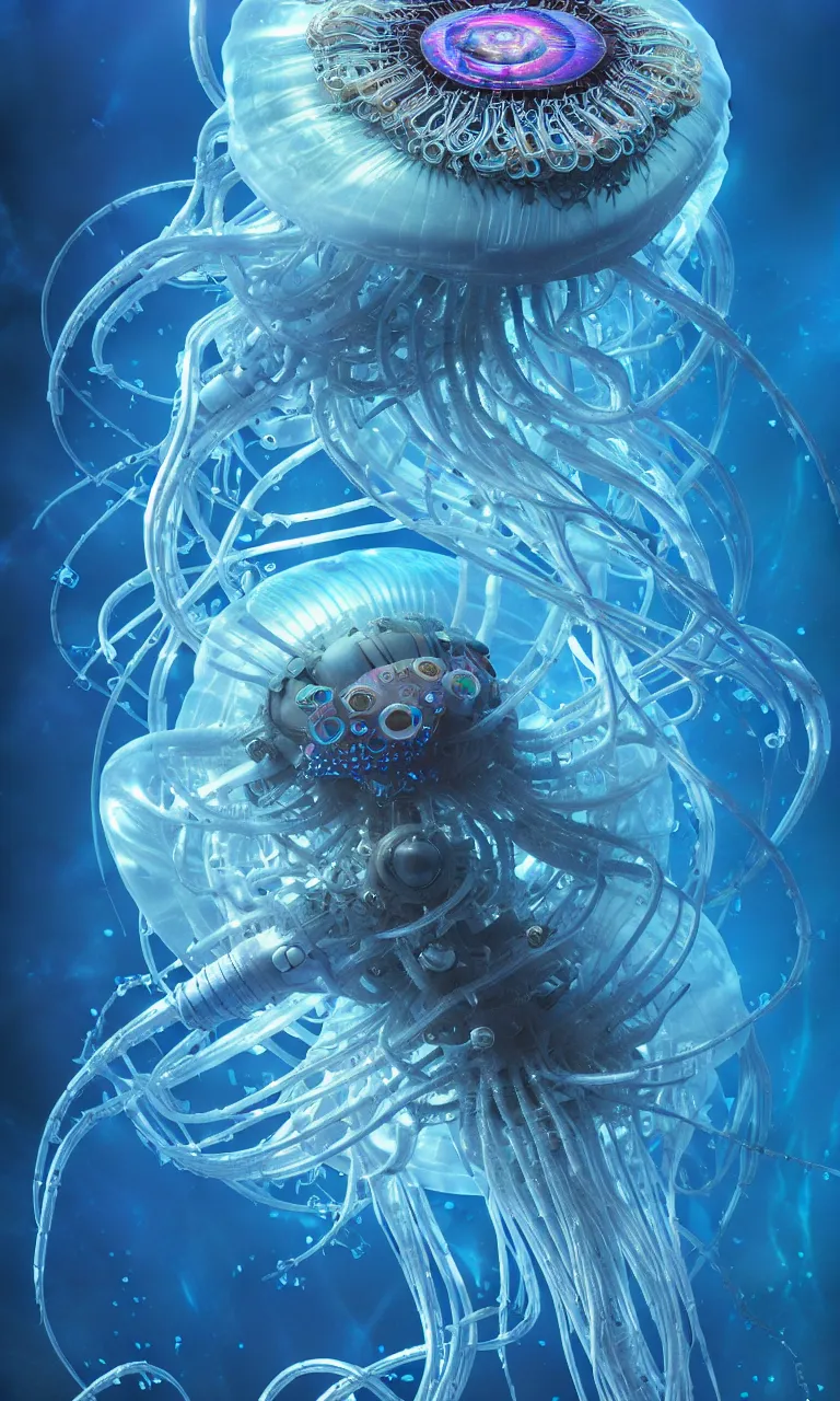 Image similar to hyper detailed painting of a cyberpunk jellyfish, blue tones, underwater, 8 mm, highly detailed, digital painting, artstation, concept art, smooth, sharp focus, illustration, art by artgerm and greg rutkowski and alphonse mucha