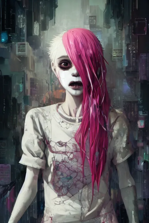 Image similar to by kyoto animation, very creepy clown girl pink hair, tears from the eyes, wearing cyberpunk intricate streetwear, beautiful, detailed portrait, intricate complexity, ilya kuvshinov, cell shaded, 4 k, concept art, by wlop, ilya kuvshinov, greg rutkowski, sharp focus, volumetric lighting, cinematic lighting