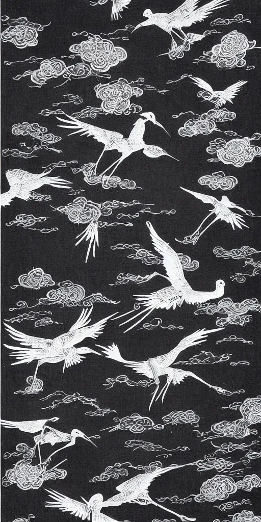 Image similar to black paper, an intricate old fashioned depiction of chinese crane, chinese auspicious cloud pattern surrounds it, symmetre, elaborate ink illustration by wu daozi, qiu ying