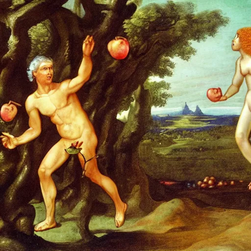 Prompt: news footage of Adam and Eve fleeing Eden, throwing an apple core at the cameraman