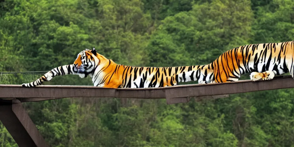 Prompt: a tiger running on a suspended bridge
