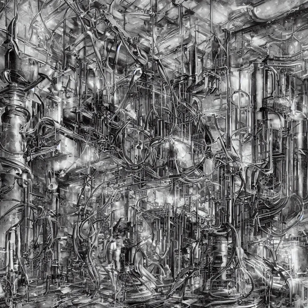 Prompt: abandoned laboratory from 1 9 3 0 s - early xx century - first - generation vacuum - tube computers - enia c - colossus - enigma machines - inside u - boat - metal pipes - obsolete technology - high resolution - 4 k - dark atmosphere - high contrast - retro futuristic - biomechanic mutation - hp lovecraft atmosphere - detailed artwork - art by hans giger