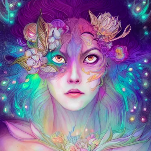Prompt: Wolf goddess, lots of flowers, psychedelic, cosmic energy by Kelly McKernan,by Charlie Bowater, by Laura rubin, by yoshitaka amano, hiroshi yoshida, moebius, face by artgerm, inspired by dnd, bright pastel colors, sparkles️ iridescent aesthetic, detailed