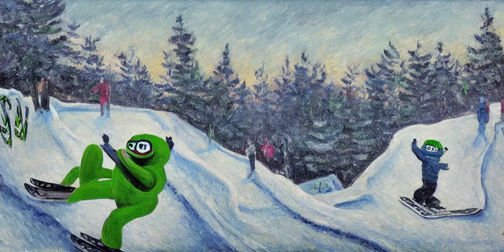 Image similar to pepe the frog snowboarding in terrain park, gloomy landscape, expressive oil painting by christopher radlund and camille pissaro