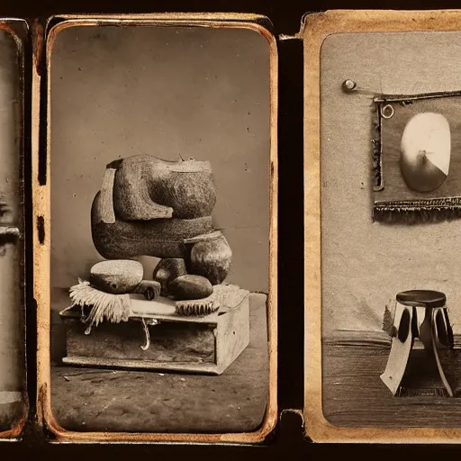 Image similar to Tintype photograph of primitive objects displayed in an ethnographic museum, archive material, anthropology,in the style of Marcel Duchamp, found objects, ready-made, 1920s studio lighting.