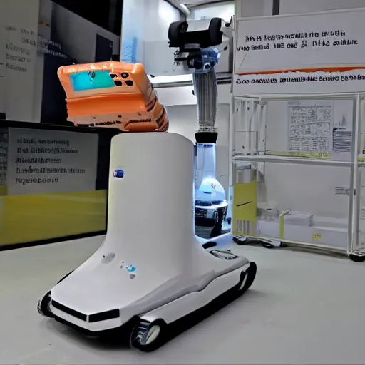 Prompt: mobile robot in a test environment, published in a sciencetific journal, very realistic, high details