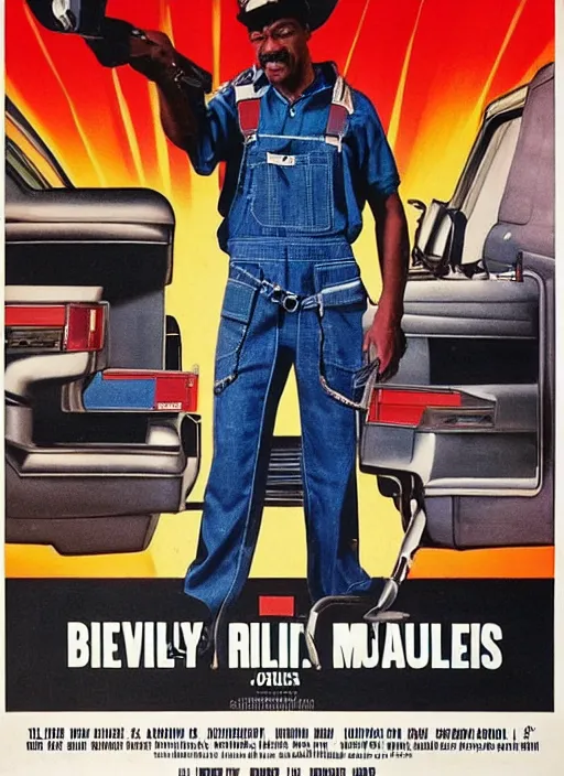 Image similar to an 8 0's john alvin action movie poster starring eddie murphy face as a plumber to rich people. bathroom. overalls. tool belt. the movie is called beverly hills crap