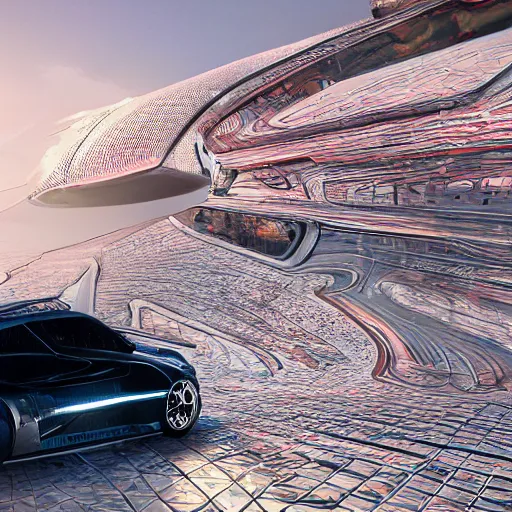 Image similar to car : motherboard forms in the style of zaha hadid architecture sci-fi futuristic setting ultra realistic photography, keyshot render, octane render, unreal engine 5 render , high oiled liquid glossy specularity reflections, ultra detailed, golden hour 4k, 8k, 16k in the style ofblade runner 2049 Cyberpunk 2077 ghost in the shell thor 2 marvel film : tilt shift: sharp focus