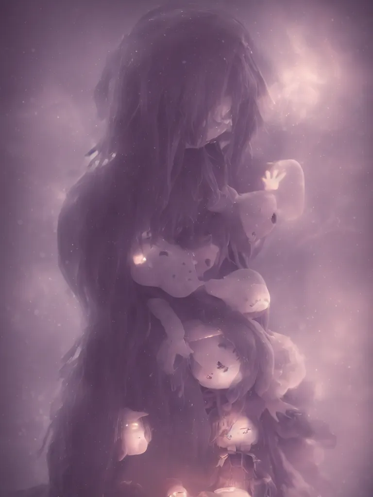 Prompt: cute fumo plush of a cursed frail witch girl held tight in the arms of a ghost mother, hugging and cradling, anime, melting volumetric smoke and fog, environment map pbr reflective stormy water, gothic maiden, bokeh, vignette, vray