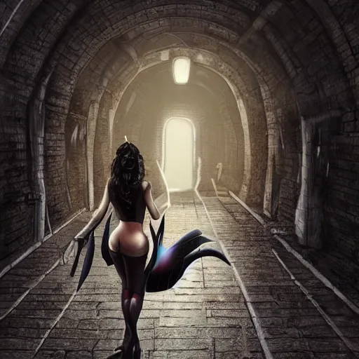 Prompt: a schoolboy and a succubus in a leather suit leaning on a cracked brick wall, devil wings, long hallway, seductive, light at the end of the tunnel, volumetric lighting, concept art, detailed, dramatic lighting, by artgerm