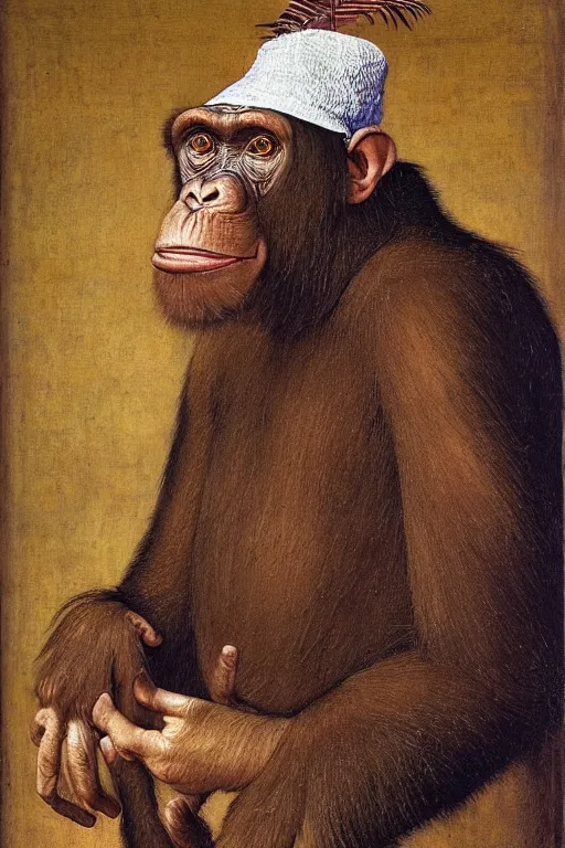 Image similar to portrait of a chimpanzee with a feather hat, oil painting by jan van eyck, northern renaissance style, oil on canvas, wet - on - wet technique, realistic, expressive emotions, detailed textures, illusionistic detail