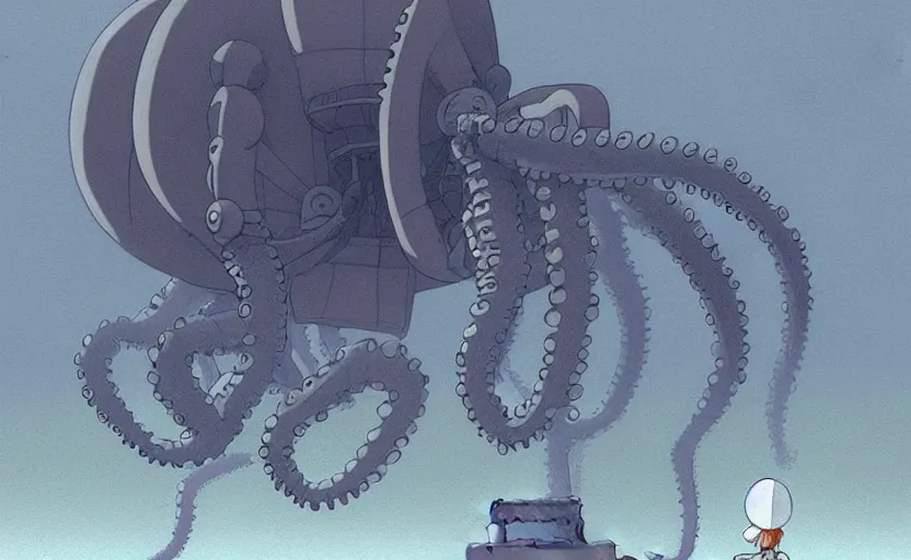 Image similar to a realistic cell - shaded studio ghibli concept art from paprika ( 2 0 0 6 ) of a flying intelligent dull grey mechanical octopus from close encounters of the third kind ( 1 9 7 7 ) in a flooded monument valley stonehenge. very dull colors, wide shot, hd, 4 k, hq