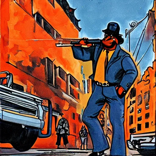 Prompt: detective pointing gun at camera, city street, artwork by ralph bakshi