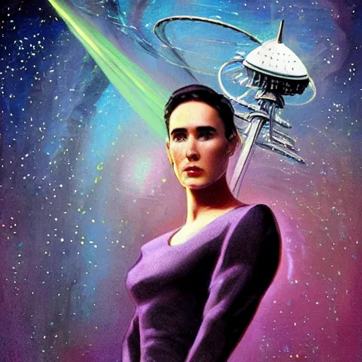 Image similar to Jennifer connelly as a stunning , beautiful retro SCI-FI space heroine 1985 , star ship taking off in the background , movie poster, intricate, elegant, highly detailed, centered, digital painting, trending on artstation, concept art, smooth, sharp focus, illustration, art by illustration, Unreal Engine 5, 8K, art by artgerm and greg rutkowski and alphonse mucha WLOP