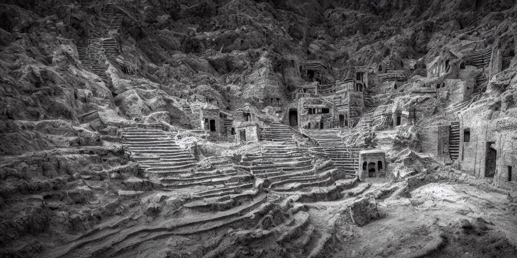 Image similar to very a deep mining pit, houses are carved into the sidewalls, long winding stairs going down, 8 k, shallow depth of field, moody lighting, ultra high detail, concept art,