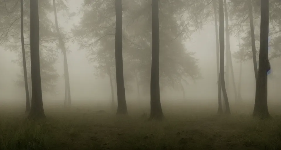 Prompt: a matte painting of a creepy foggy forest