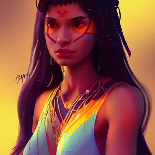 Image similar to scared beautiful female latin tribe member, happy appearance, ioyful vibe and lighting, cgsociety, artstation, in the style of artgerm