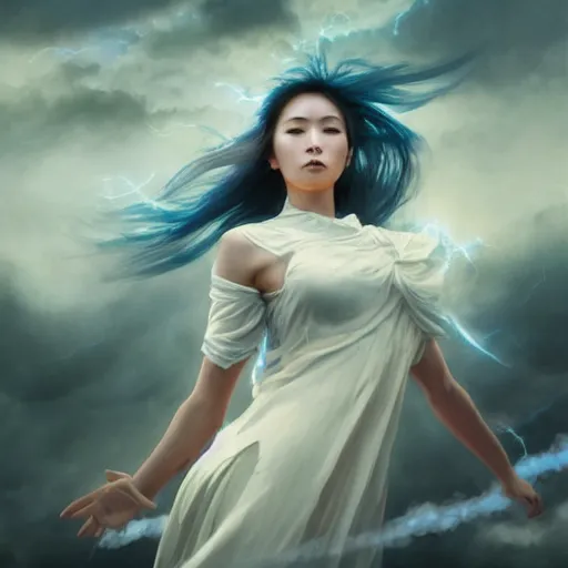 Prompt: dress made of lightning, japanese woman, solemn, female, rising from clouds, high detail, high contrast, extreme close up portrait, beautiful, bokeh, storm clouds, god rays, d & d, fantasy, elegant, blue white color palette, concept art, artgem, greg rutkowski, alphonse mucha